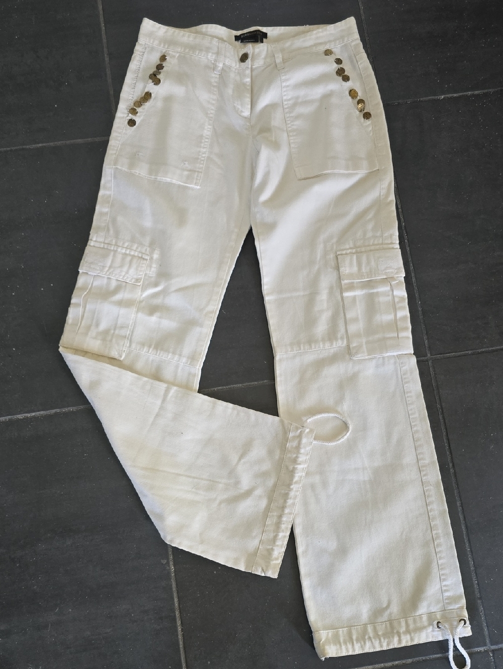 BCBGMaxAzria White Denim Cargo Pants with Brass Jingle Detail